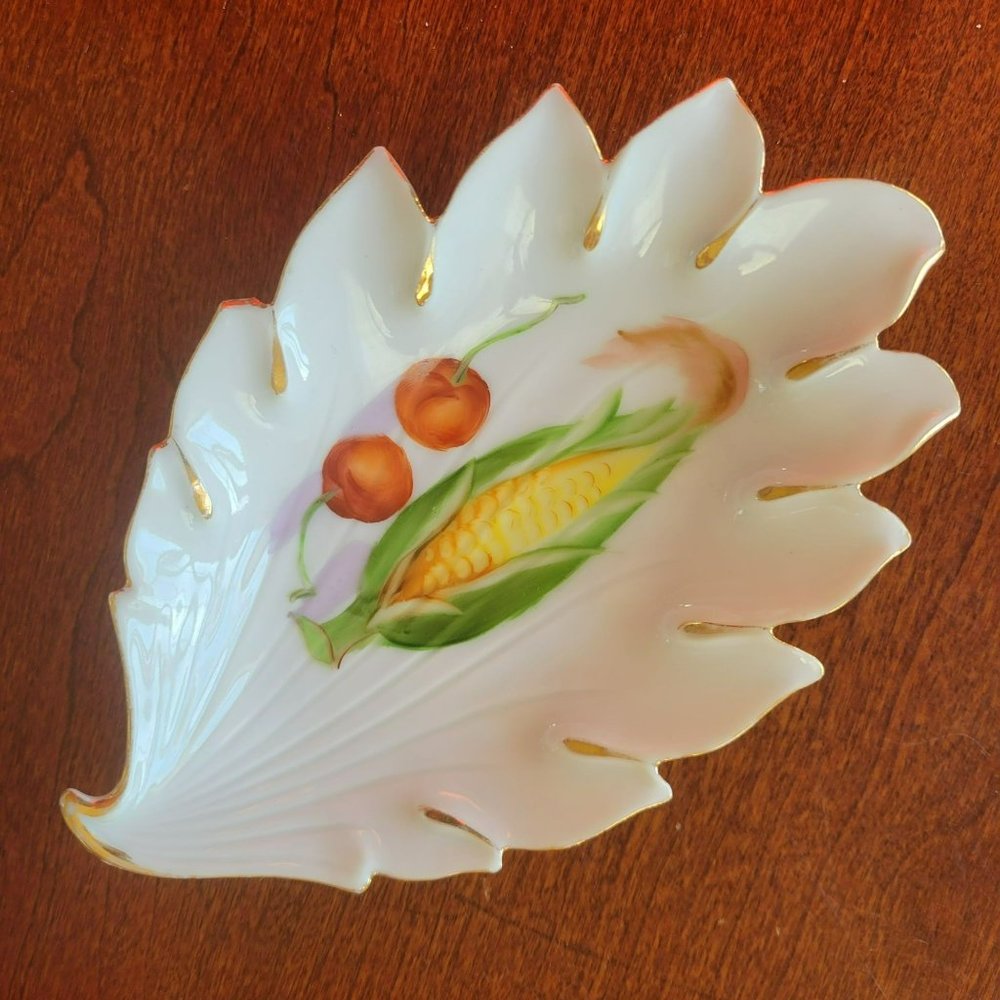VTG Leaf Shaped Dish Hand Painted Corn Tomatoes Gold Trim Trinket Dish Japan